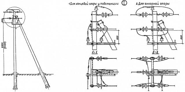Устройство ответвления УОК от концевой опоры у подстанции и от анкерной опоры (типовой проект 3.407.1-143.1.15)